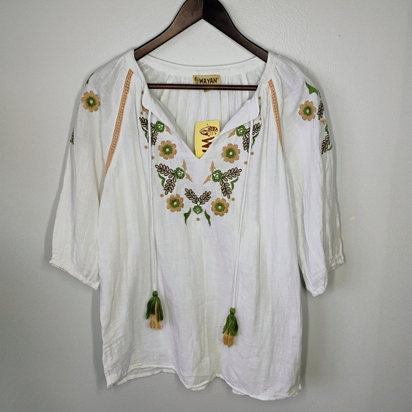 Wayan Natural Wear Embroidered 3/4 Sleeve Blouse White Flowy Bohemian Size L/XL - Picture 1 of 12